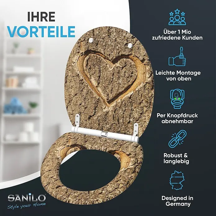 SANILO WC-Sitz True Love mit Schnellverschluss - MDF, Braun, Mit Absenkautomatik - Ein Toilettensitz mit realistischer Baumrinden-Textur und einem geschnitzten Herzdesign, ausgestattet mit weißen Scharnieren. Er wird mit Produktvorteilen dargestellt.