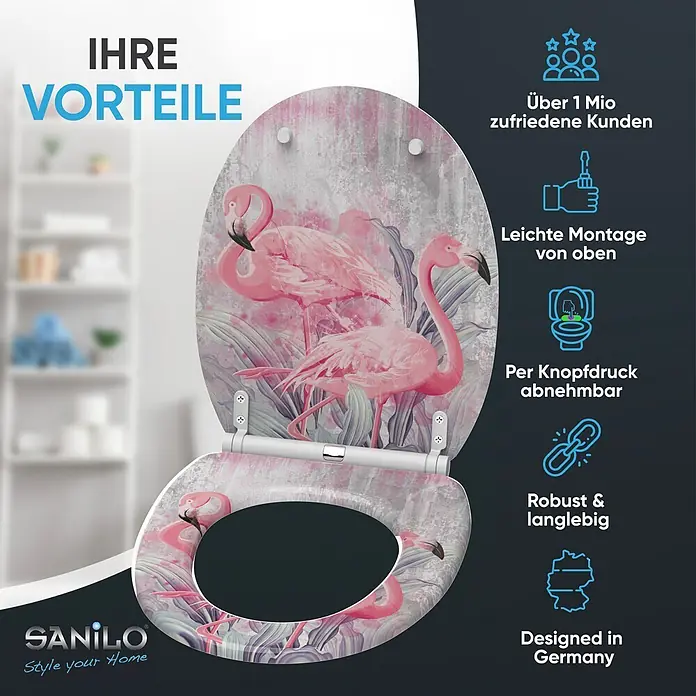 SANILO WC-Sitz Flamingo 2 mit Schnellverschluss - MDF, Pink, Mit Absenkautomatik - Weißer WC-Sitz mit leuchtendem Flamingo- und Tropenblattdesign, der seine dekorative Optik und benutzerfreundliche Funktionen hervorhebt.