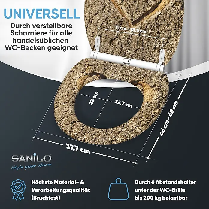 SANILO WC-Sitz True Love mit Schnellverschluss - MDF, Braun, Mit Absenkautomatik - WC-Sitz in Holzoptik mit Rindenmuster, mit Maßen und hervorgehobenen Produktmerkmalen.