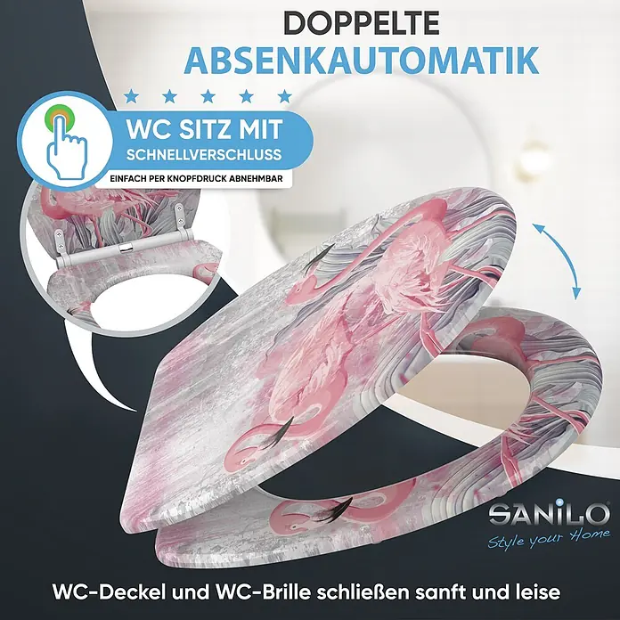 SANILO WC-Sitz Flamingo 2 mit Schnellverschluss - MDF, Pink, Mit Absenkautomatik - Weißer Toilettensitz mit pinkem Flamingo-Design, mit Absenkautomatik und Schnellverschluss.
