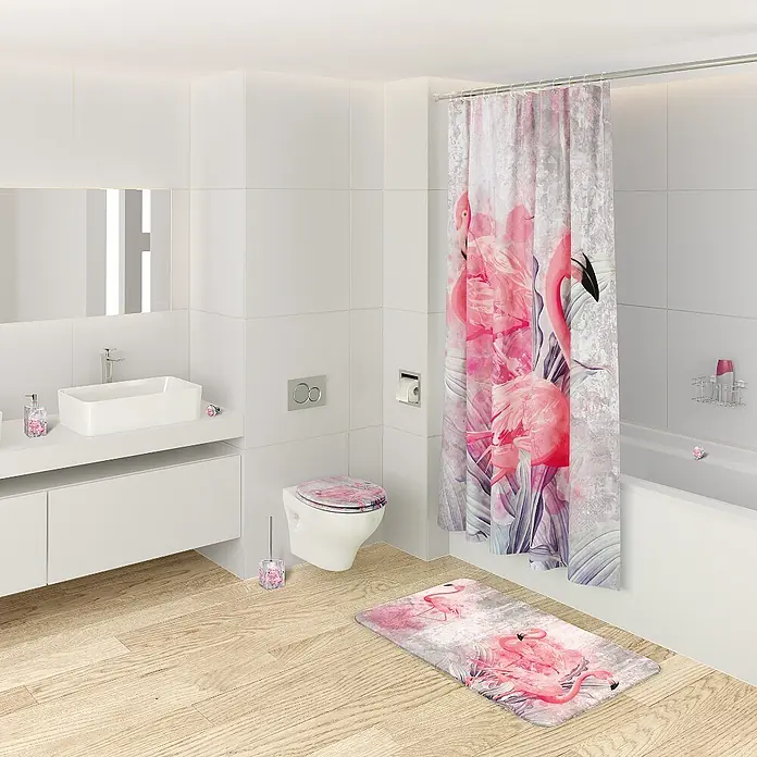 SANILO WC-Sitz Flamingo 2 mit Schnellverschluss - MDF, Pink, Mit Absenkautomatik - Badezimmer-Set mit Flamingos: Duschvorhang, Badematte, Toilettensitz, Seifenspender und Toilettenbürste mit rosa Flamingomotiven.