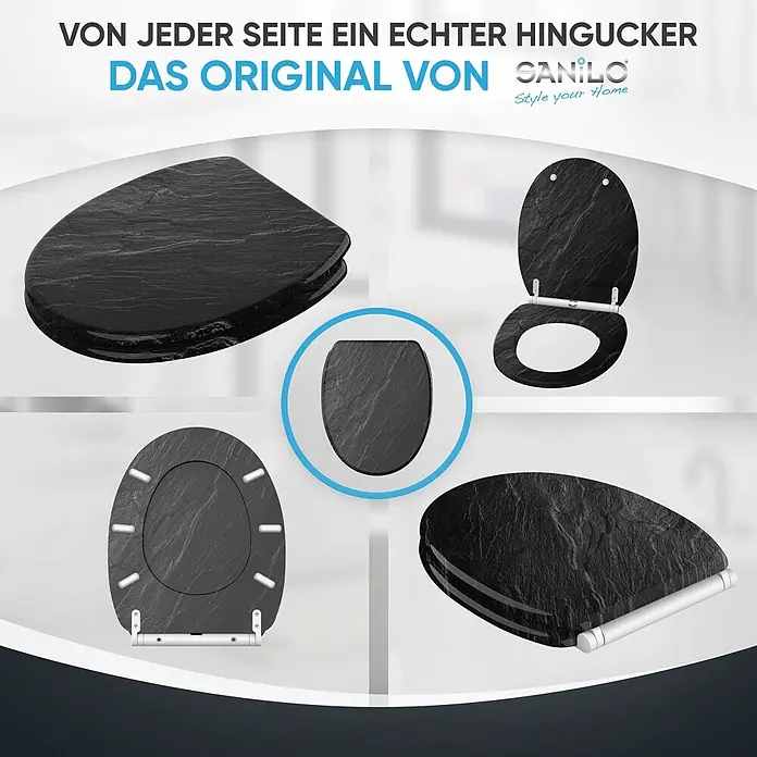 SANILO WC-Sitz Granit mit Schnellverschluss - MDF, Schwarz, Mit Absenkautomatik - Schwarzer Toilettensitz in Schieferoptik, aus verschiedenen Perspektiven gezeigt, mit Design und Absenkautomatik.