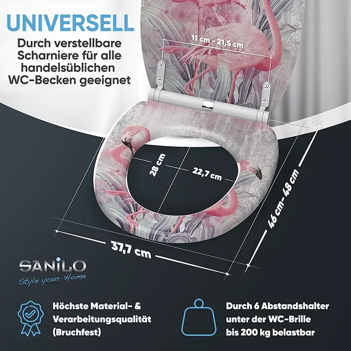 SANILO WC-Sitz Flamingo 2 mit Schnellverschluss - MDF, Pink, Mit Absenkautomatik - WC-Sitz im Flamingo-Design mit verstellbaren Scharnieren für universellen Einsatz, bruchfest und bis 200 kg belastbar. Maße: 46-48x37,7 cm.