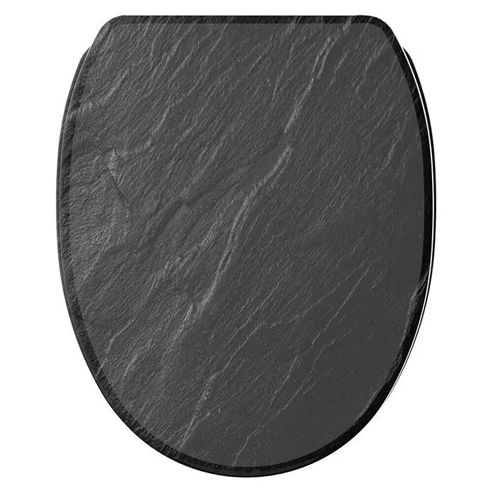 SANILO WC-Sitz Granit mit Schnellverschluss - MDF, Schwarz, Mit Absenkautomatik - Dunkelgraues Schiefer-Servierbrett mit charakteristischem, abgerundetem, U-förmigem Design und natürlicher Textur.
