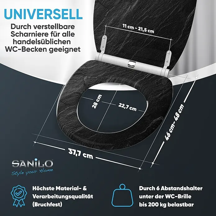 SANILO WC-Sitz Granit mit Schnellverschluss - MDF, Schwarz, Mit Absenkautomatik - Schwarzer Toilettensitz mit Steinoptik und verstellbaren Scharnieren, Maße für universelle Passform und Langlebigkeit werden angezeigt.