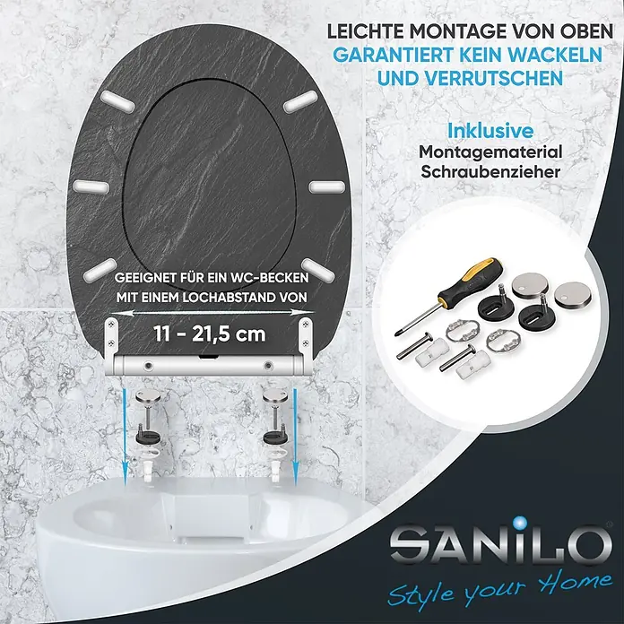 SANILO WC-Sitz Granit mit Schnellverschluss - MDF, Schwarz, Mit Absenkautomatik - Dunkelgrauer, strukturierter WC-Sitz mit Absenkautomatik, bei der Top-Montage auf einem weißen WC gezeigt, inkl. Montagematerial und Schraubendreher.