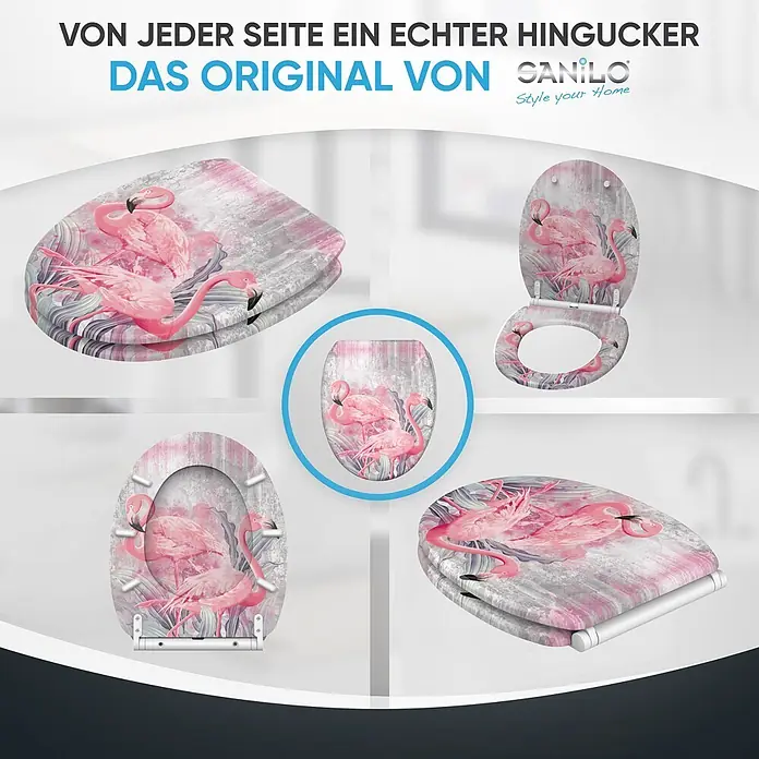 SANILO WC-Sitz Flamingo 2 mit Schnellverschluss - MDF, Pink, Mit Absenkautomatik - Toilettensitz mit leuchtendem rosa Flamingo- und tropischem Blattmuster auf strukturiertem grauem Hintergrund, aus verschiedenen Blickwinkeln gezeigt.