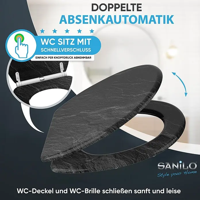 SANILO WC-Sitz Granit mit Schnellverschluss - MDF, Schwarz, Mit Absenkautomatik - Schwarzer Toilettensitz in Steinoptik mit doppelter Absenkautomatik und Schnellverschluss.