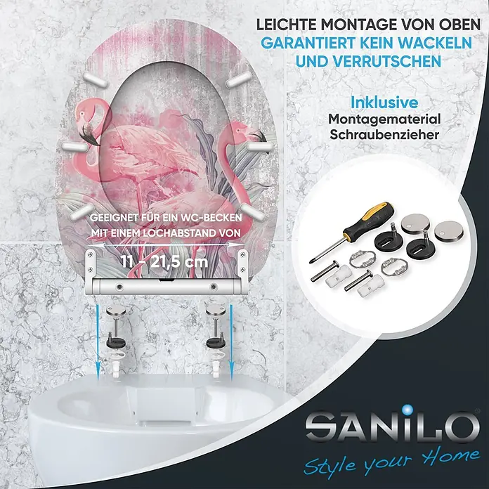 SANILO WC-Sitz Flamingo 2 mit Schnellverschluss - MDF, Pink, Mit Absenkautomatik - WC-Sitz mit rosa Flamingo-Design, Top-Montage, verstellbarer Lochabstand, inkl. Montagematerial und Schraubenzieher.