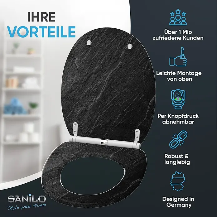 SANILO WC-Sitz Granit mit Schnellverschluss - MDF, Schwarz, Mit Absenkautomatik - Schwarzer WC-Sitz mit Schieferstruktur, der einfache Top-Montage, Knopf-Entfernung, Robustheit und deutsches Design hervorhebt.