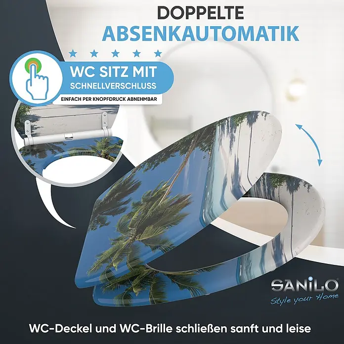 SANILO WC-Sitz Karibik mit Schnellverschluss - MDF, Blau, Mit Absenkautomatik - WC-Sitz mit tropischem Palmen-Design, Schnellverschluss und doppelter Absenkautomatik für Deckel und Brille.