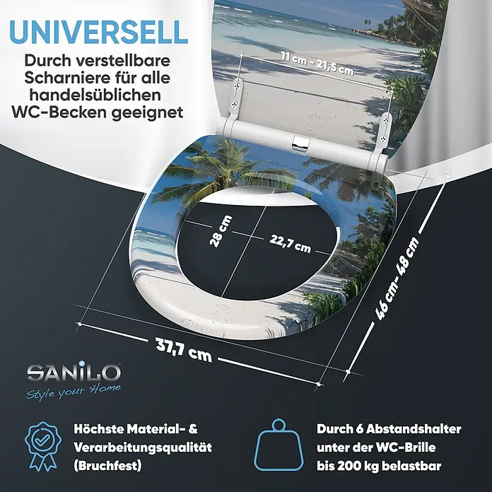 SANILO WC-Sitz Karibik mit Schnellverschluss - MDF, Blau, Mit Absenkautomatik - Weißer WC-Sitz mit tropischem Strandmotiv und verstellbaren Scharnieren; universell passend, bruchfest und bis 200 kg belastbar.