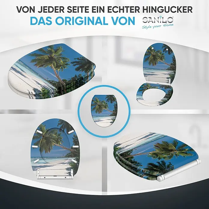 SANILO WC-Sitz Karibik mit Schnellverschluss - MDF, Blau, Mit Absenkautomatik - Sanilo WC-Sitz mit tropischem Strandmotiv, aus verschiedenen Perspektiven präsentiert.