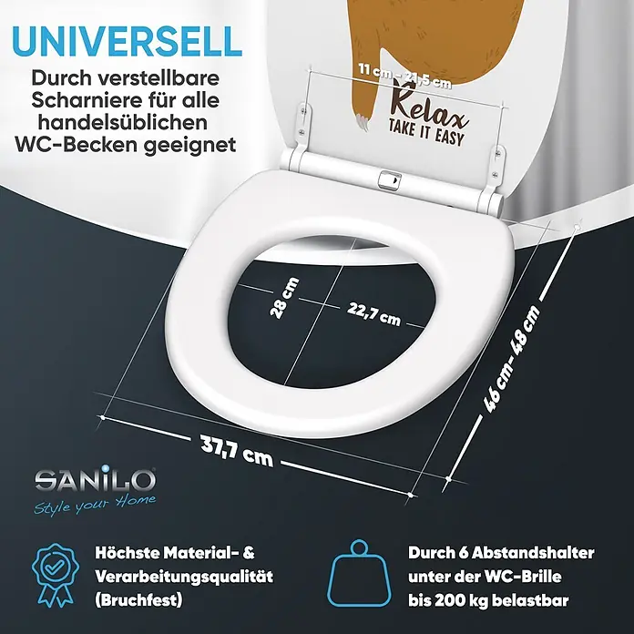 SANILO WC-Sitz Faultier mit Schnellverschluss - MDF, Braun, Mit Absenkautomatik - Weißer Toilettensitz mit Faultier-Illustration und „Relax Take it Easy“-Text. Mit verstellbaren Scharnieren, hoher Qualität und bis zu 200 kg belastbar.
