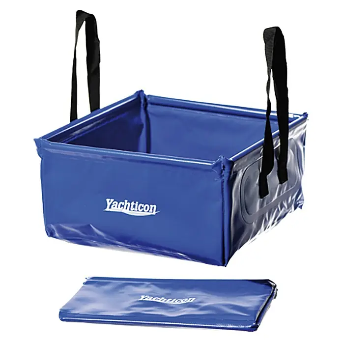 Yachticon Faltschüssel - L x B x H: 33 x 33 x 16,5 cm, Fassungsvermögen: 15 l - Blauer Yachticon Faltbarer Wassereimer mit schwarzen Tragegriffen und flacher, zusammengeklappter Form.