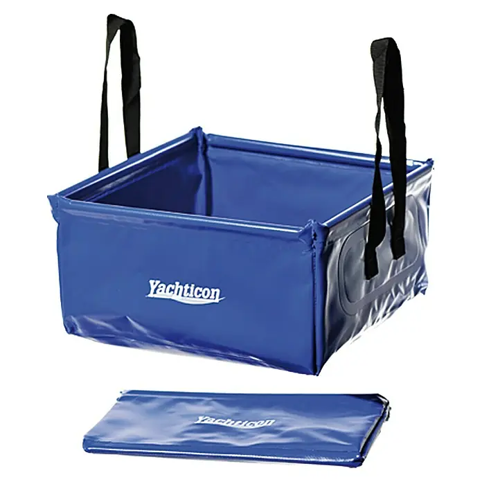 Yachticon Faltschüssel - L x B x H: 33 x 33 x 16,5 cm, Fassungsvermögen: 15 l - Blauer Yachticon Faltbarer Wassereimer mit schwarzen Tragegriffen und flacher, zusammengeklappter Form.