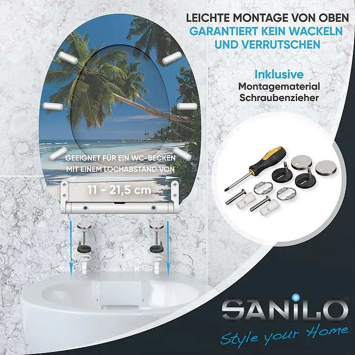 SANILO WC-Sitz Karibik mit Schnellverschluss - MDF, Blau, Mit Absenkautomatik - Toilettensitz mit tropischem Strandmotiv, inklusive Montagematerial und Schraubendreher für einfache Top-Montage.