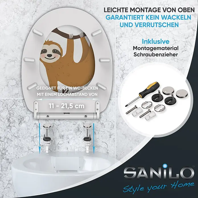 SANILO WC-Sitz Faultier mit Schnellverschluss - MDF, Braun, Mit Absenkautomatik - Weißer WC-Sitz mit Faultier-Design, einfacher Top-Montage, rutschfest und passend für Lochabstand 11-21,5 cm. Inkl. Montagematerial.