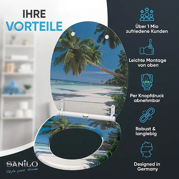 SANILO WC-Sitz Karibik mit Schnellverschluss - MDF, Blau, Mit Absenkautomatik - SANILO Toilettensitz mit tropischem Strandmotiv (Palmen, Meer), präsentiert mit Marketingtext.