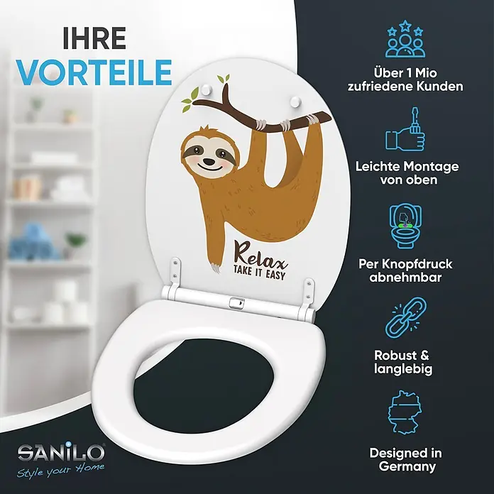SANILO WC-Sitz Faultier mit Schnellverschluss - MDF, Braun, Mit Absenkautomatik - Weißer Toilettensitz mit Faultier-Design und "Relax Take It Easy" Aufschrift.