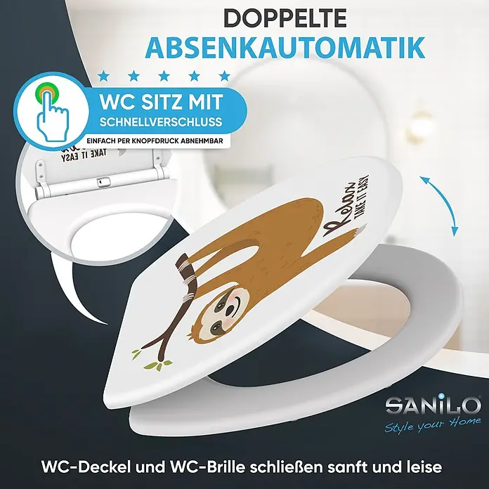 SANILO WC-Sitz Faultier mit Schnellverschluss - MDF, Braun, Mit Absenkautomatik - WC-Sitz mit Faultier-Design, doppelter Absenkautomatik und Schnellverschluss. Der Deckel und die Brille schließen sanft.