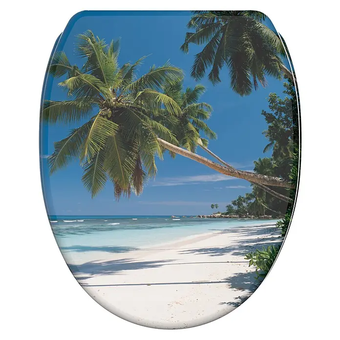 SANILO WC-Sitz Karibik mit Schnellverschluss - MDF, Blau, Mit Absenkautomatik - Toilettensitz mit einer lebhaften tropischen Strandszene, Palmen, weißem Sand und türkisblauem Wasser.