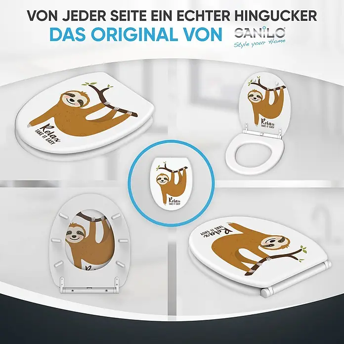 SANILO WC-Sitz Faultier mit Schnellverschluss - MDF, Braun, Mit Absenkautomatik - Weißer WC-Sitz mit einem braunen Faultier-Design, das an einem Ast hängt, und dem Text 'Relax TAKE IT EASY', aus verschiedenen Blickwinkeln gezeigt.