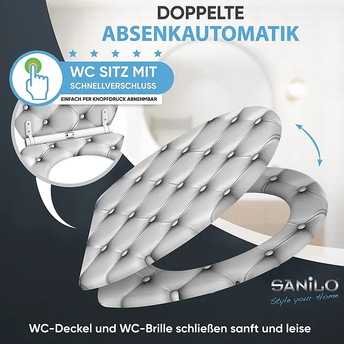 SANILO WC-Sitz Comfort mit Schnellverschluss - MDF, Grau, Mit Absenkautomatik - Weißer gepolsterter WC-Sitz mit Absenkautomatik und Schnellverschluss, mit Knopf zur einfachen Abnahme gezeigt.