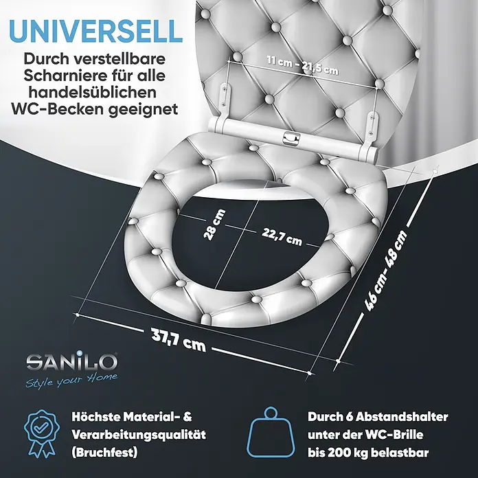 SANILO WC-Sitz Comfort mit Schnellverschluss - MDF, Grau, Mit Absenkautomatik - Weißer gesteppter WC-Sitz mit Maßen, verstellbaren Scharnieren, hoher Qualität und 200 kg Tragkraft.