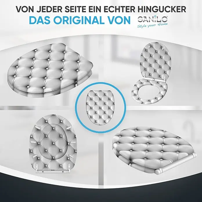 SANILO WC-Sitz Comfort mit Schnellverschluss - MDF, Grau, Mit Absenkautomatik - Weißer, gepolsterter Toilettensitz im Chesterfield-Stil, aus verschiedenen Perspektiven gezeigt.