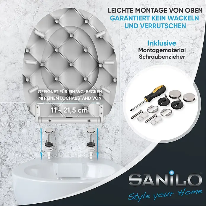 SANILO WC-Sitz Comfort mit Schnellverschluss - MDF, Grau, Mit Absenkautomatik - Weißer, gesteppter WC-Sitz mit Top-Fix-Montage auf Toilettenschüssel. Einstellbarer Lochabstand 11-21,5 cm. Inkl. Montagematerial & Schraubenzieher.