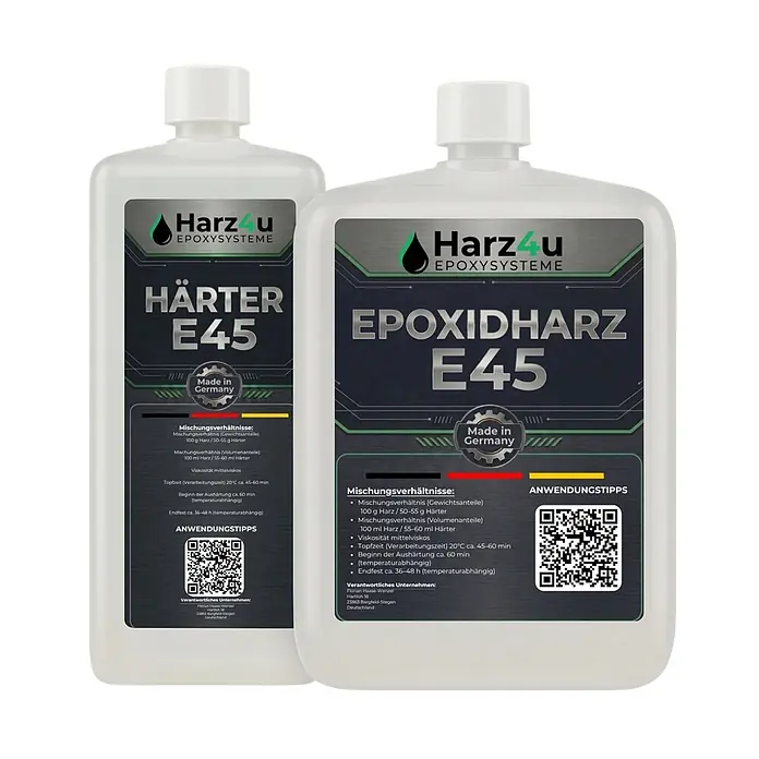 1,75kg Epoxidharz-Set -  - Zwei weiße Flaschen Harz4u E45 Epoxidharz und Härter mit dunklen Etiketten, die Mischungsverhältnisse und Aushärtezeiten zeigen.