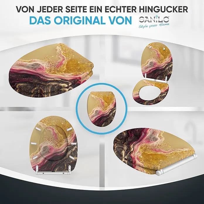 SANILO WC-Sitz Brillante mit Schnellverschluss - MDF, Goldfarben, Mit Absenkautomatik - Toilettensitz mit gold-schwarz-rosa abstraktem Marmormuster, in verschiedenen Ansichten gezeigt (geschlossen, offen, oben, schräg).
