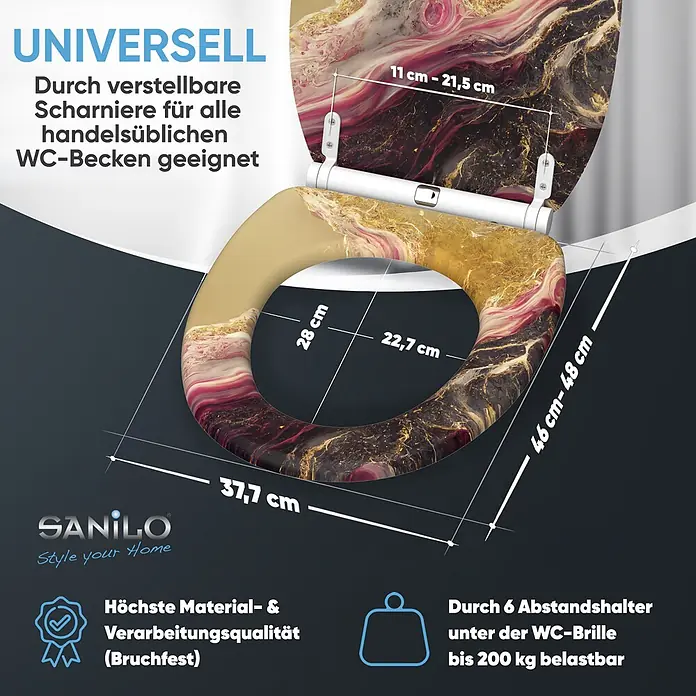 SANILO WC-Sitz Brillante mit Schnellverschluss - MDF, Goldfarben, Mit Absenkautomatik - WC-Sitz in Marmoroptik (rosa, gold, schwarz) mit verstellbaren Scharnieren, Maße 46-48x37,7cm, bis 200kg belastbar.