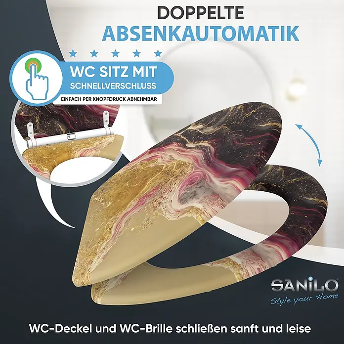 SANILO WC-Sitz Brillante mit Schnellverschluss - MDF, Goldfarben, Mit Absenkautomatik - Toilettensitz mit luxuriösem gold-schwarz-pinkem Marmormuster, mit Schnellverschluss und Absenkautomatik.