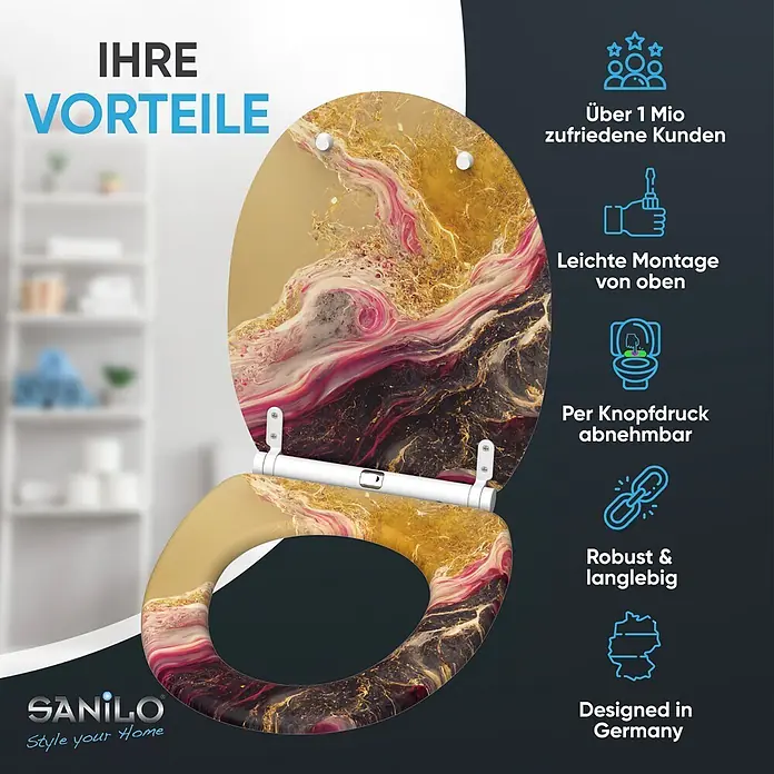 SANILO WC-Sitz Brillante mit Schnellverschluss - MDF, Goldfarben, Mit Absenkautomatik - Toilettensitz mit luxuriösem gold-rosa-schwarzem Marmormuster und weißen Schnellwechsel-Scharnieren.