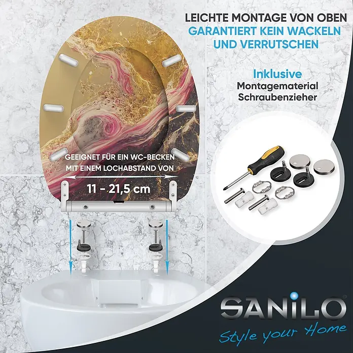 SANILO WC-Sitz Brillante mit Schnellverschluss - MDF, Goldfarben, Mit Absenkautomatik - WC-Sitz mit gold-rosé marmorierter Musterung, Top-Montage und verstellbarem Lochabstand (11-21,5 cm). Inklusive Montagematerial.