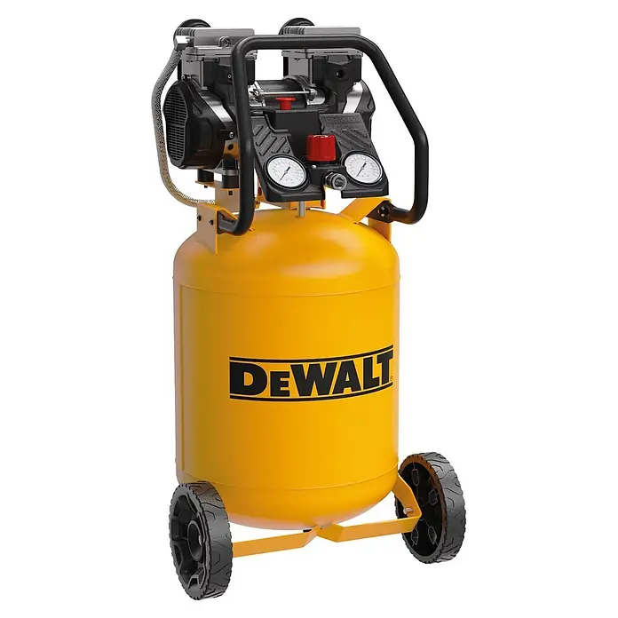 DeWalt Flüsterkompressor DXCMS2550VE Profi Silent - 1.800 W, Max. Druck: 10 bar, 50 l, Schmierung: Ohne - Gelber DeWalt Kompressor mit schwarzem Oberteil, Manometern, Griffen und Rädern, tragbar.