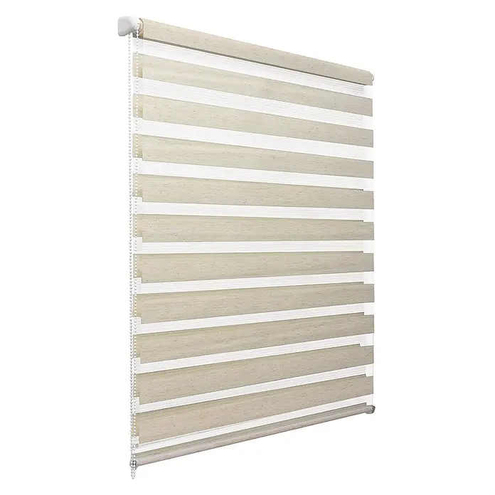Sol Royal Doppelrollo - B x H: 100 x 220 cm, Leinen - Beiger und weißer Duo-Rollo mit abwechselnd undurchsichtigen und transparenten Querstreifen, teilweise heruntergelassen.