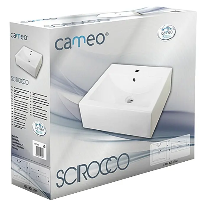 Camargue Lavabo Scirocco - 53 x 42 cm, Sin esmalte especial, Orificios para grifo: Medio, Con desbordamiento, Blanco - Embalaje del lavabo Cameo Scirocco con imagen del producto, logotipo y detalles técnicos.