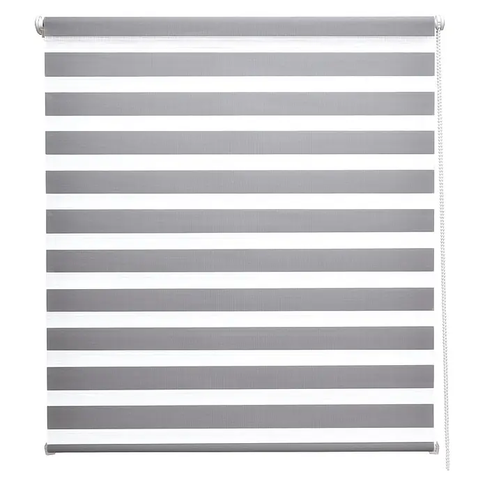 Sol Royal Doppelrollo - B x H: 110 x 150 cm, Grau - Graue und weiße gestreifte Zebra-Rollos mit Kette.