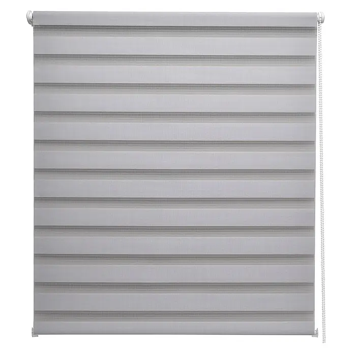 Sol Royal Doppelrollo - B x H: 110 x 150 cm, Grau - Graues Zebra-Rollos mit abwechselnd transparenten und blickdichten Querstreifen, bedient mit einer Perlenzugkette.