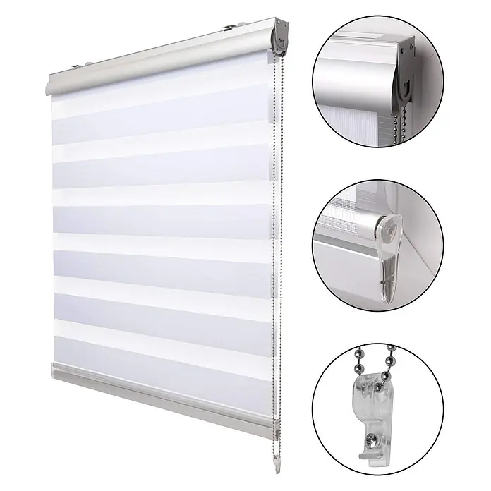 Sol Royal Doppelrollo - B x H: 60 x 160 cm, Weiß - Weiß-grau gestreiftes Rolljalousie mit silberfarbenem Metallgehäuse und transparenter Kettenbedienung zur Lichtregulierung.