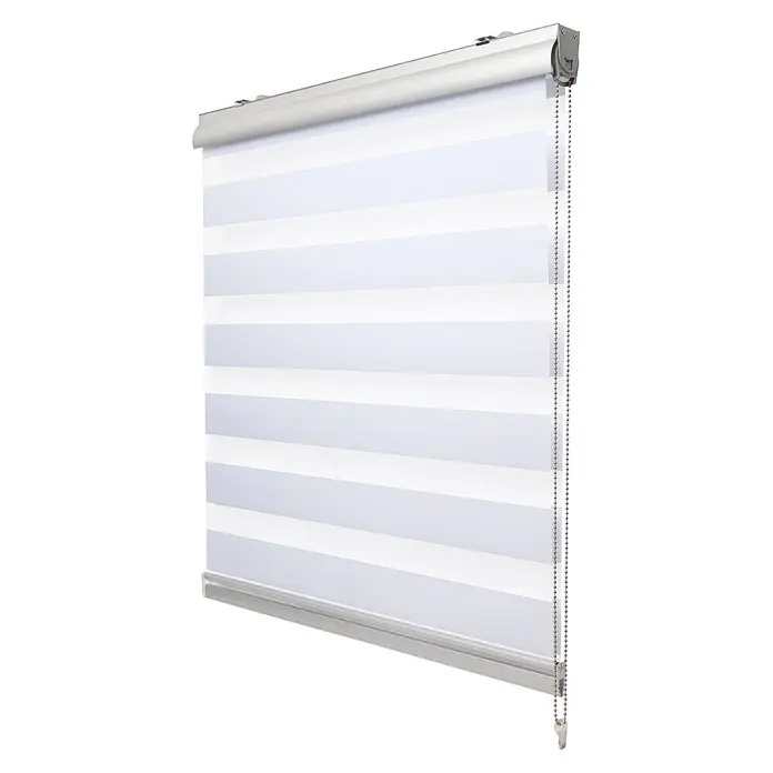 Sol Royal Doppelrollo - B x H: 60 x 160 cm, Weiß - Weiß-grau gestreiftes Zebra-Rollo mit silbernen Beschlägen zur regulierbaren Lichtkontrolle.
