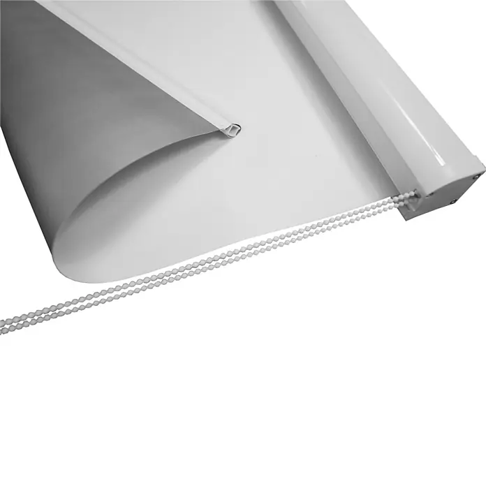 Sol Royal Thermorollo -  - Graues Rollo mit weißem Mechanismus und Perlenkette, teilweise abgerollt.