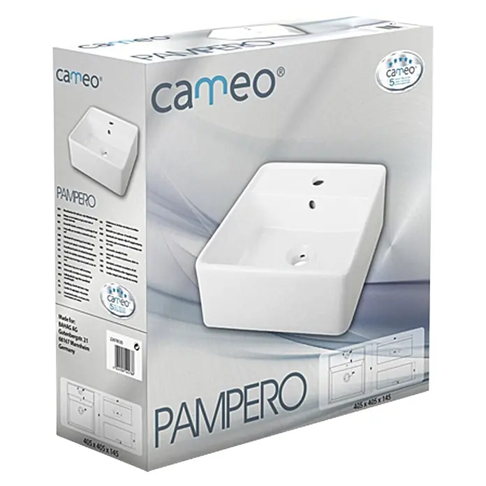 Camargue Lavabo pequeño Pampero - An x L: 41 x 41 cm, Sin esmalte especial, Orificios para grifo: Medio, Con desbordamiento, Blanco - Embalaje del producto para un lavabo Cameo Pampero en blanco, con imagen del producto y logo.