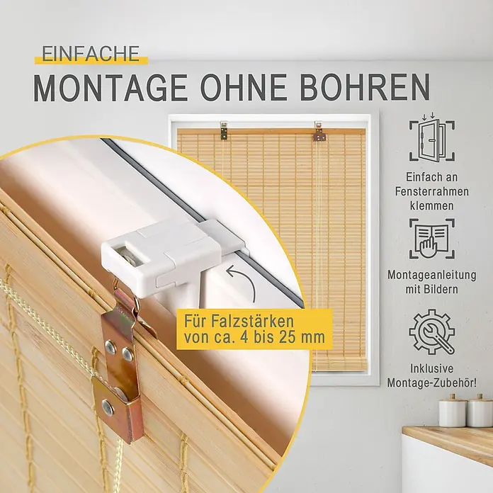 Sol Royal Rollo - B x H: 90 x 160 cm, Natur, Uni - Bambusrollo zur einfachen, bohrfreien Montage am Fensterrahmen, passend für Falzstärken 4-25mm.