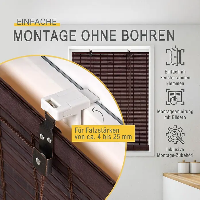 Sol Royal Rollo - B x H: 130 x 160 cm, Braun, Uni - Dunkelbrauner Bambusrollladen mit bohrfreier Klemmmontage, passend für Falzstärken von 4-25mm.