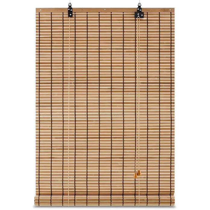 Sol Royal Rollo - B x H: 60 x 160 cm, Teak, Uni - Natürliche Bambus-Rolljalousie mit hell- und dunkelbraunen Lamellen, dunklen Schnüren und gerolltem Unterrand, für Fenster.