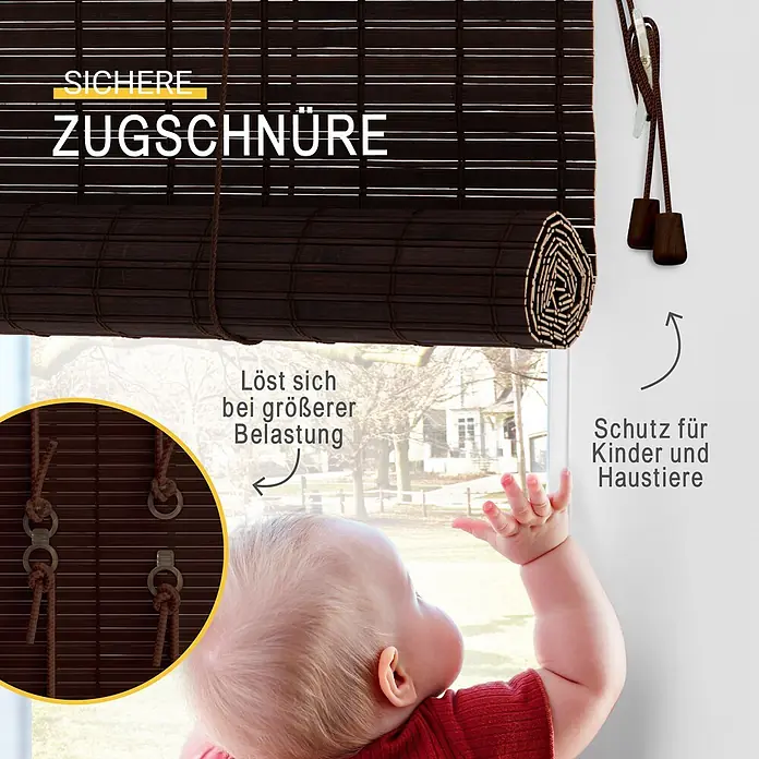 Sol Royal Rollo - B x H: 130 x 160 cm, Braun, Uni - Dunkelbraunes Bambusrollo mit sicheren, reißfesten Zugschnüren für Kinder- und Tierschutz.